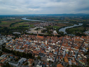 High angle view of townscape against sky