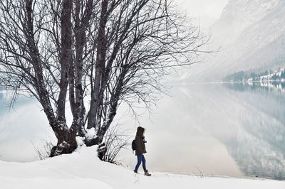 Rear view of man on snow covered land