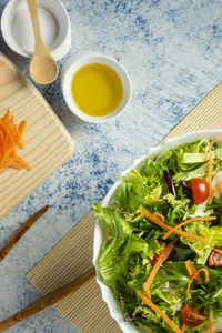 High angle view of soup in bowl on table