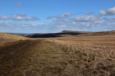 Scenic view over hilly moorland against blue sky