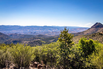 Scenic view of mountains against blue sky