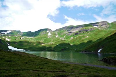 Scenic view of lake and mountains against sky