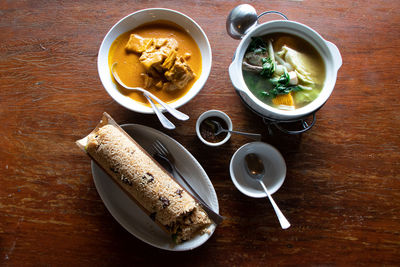 High angle view of breakfast on table