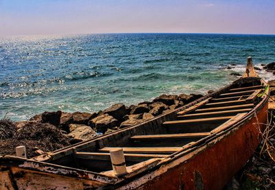 High angle view of sea shore against sky