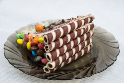 Close-up of dessert served on table