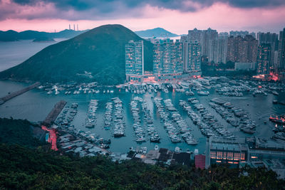 Aberdeen typhoon shelter, hong kong seen from brick hill nam long shan, in sunset time