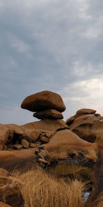Rock formations on landscape against sky