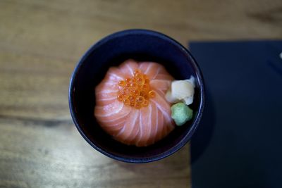 High angle view of fruits in bowl on table