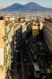 High angle view of street amidst buildings in city