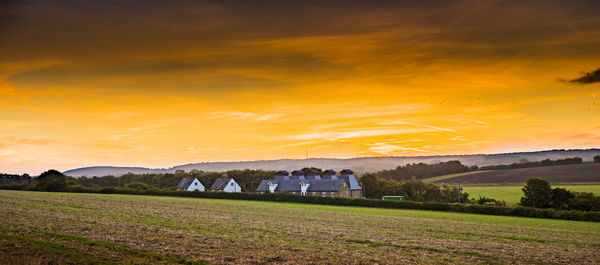 Scenic view of field against sky during sunset