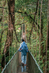 Rear view of man walking on footbridge in forest