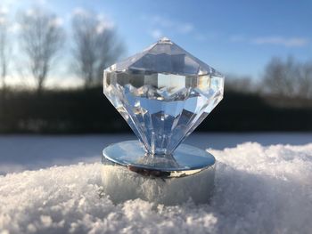 Close-up of frozen glass against sky