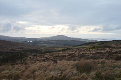 Scenic view of landscape and mountains against sky