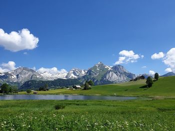 Scenic view of field and mountains against sky