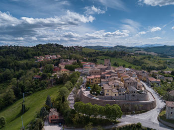 High angle view of buildings against sky