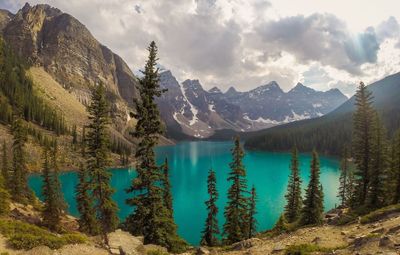 Panoramic view of lake and mountains against sky