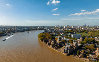 Aerial panoramic skyline view of canary wharf, the worlds leading financial district in london, uk.