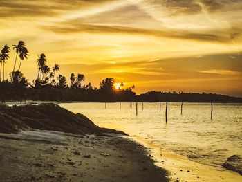 Scenic view of beach against sky during sunset