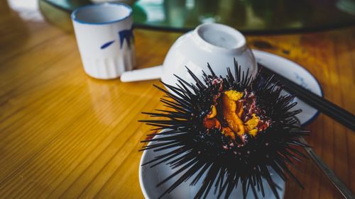 Close-up of sea urchin served on table