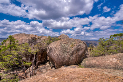 Rock formations on landscape against sky