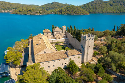 Aerial view of marine salt lakes in mljet island with the benedictine monastery, croatia