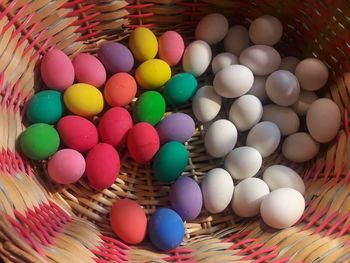 High angle view of eggs in basket
