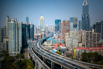 High angle view of cityscape against clear sky