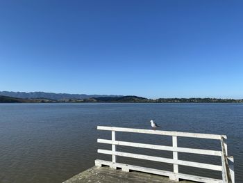 Scenic view of lake against clear blue sky