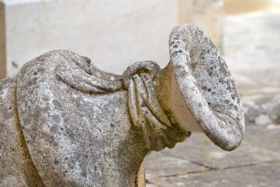 Close-up of weathered urn on street