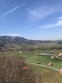 High angle view of field against sky