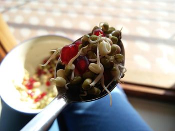 High angle view of ice cream in bowl on table