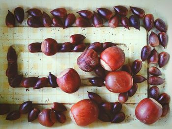 High angle view of strawberries on table