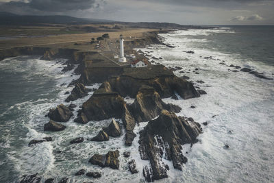 Lighthouse on the pacific coast from above, point arena, california