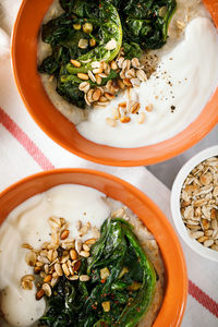 High angle view of soup in bowl