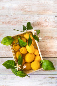 Directly above shot of fruits and leaves on table