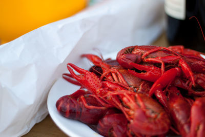 Close-up of cooked crayfish in plate on table