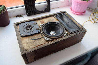 High angle view of speaker on table at home