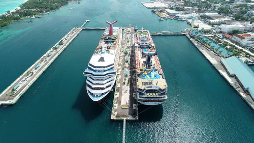 High angle view of ship moored at harbor