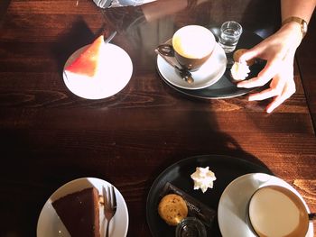 High angle view of coffee cup on table