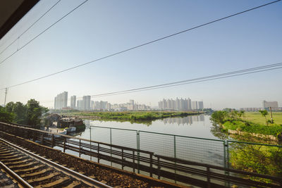 Railroad tracks by river against clear sky