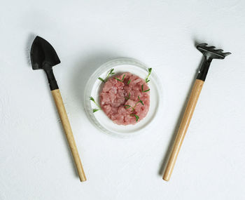 High angle view of food on table against white background