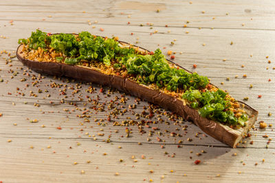 High angle view of leaves on table