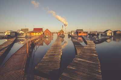 View of wooden boardwalks leading to buildings