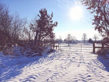 Scenic view of snow covered field against sky