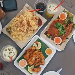 High angle view of breakfast on table