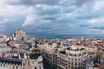 Aerial view of cityscape against cloudy sky