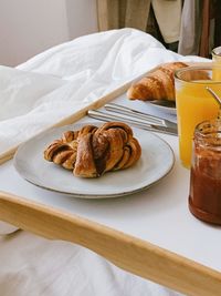 High angle view of breakfast served on table