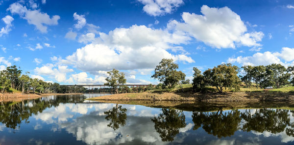 Reflection of trees in lake against sky