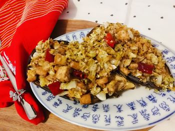 High angle view of breakfast served on table