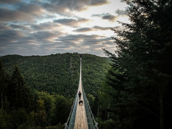 Rear view of person with dog standing on footbridge leading towards mountain against cloudy sky